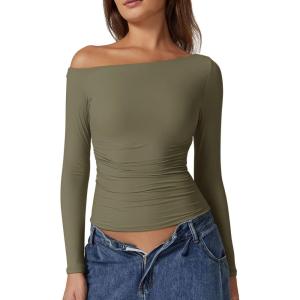 QINSEN Women’s Sexy Off Shoulder Shirt Long Sleeve Double Lined Tops Side Ruched Fitted Tees(Sagebrush Green)