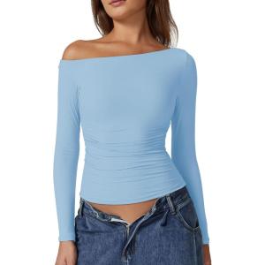 QINSEN Women’s Sexy Off Shoulder Shirt Long Sleeve Double Lined Tops Side Ruched Fitted Tees(Sky Blue)