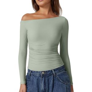 QINSEN Women’s Sexy Off Shoulder Shirt Long Sleeve Double Lined Tops Side Ruched Fitted Tees(Smoke Green)