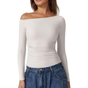 QINSEN Women’s Sexy Off Shoulder Shirt Long Sleeve Double Lined Tops Side Ruched Fitted Tees(White)