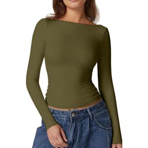 QINSEN Women’s Sexy Open Back Long Sleeve Shirts High Neck Double Lined Tees Fitted Going Out Tops(Army Green)