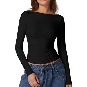 QINSEN Women’s Sexy Open Back Long Sleeve Shirts High Neck Double Lined Tees Fitted Going Out Tops(Black)