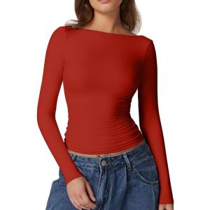 QINSEN Women’s Sexy Open Back Long Sleeve Shirts High Neck Double Lined Tees Fitted Going Out Tops(Cherry Tomato)