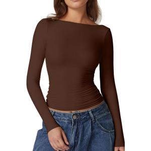 QINSEN Women’s Sexy Open Back Long Sleeve Shirts High Neck Double Lined Tees Fitted Going Out Tops(Coffee Bean)