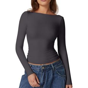 QINSEN Women’s Sexy Open Back Long Sleeve Shirts High Neck Double Lined Tees Fitted Going Out Tops(Dark Grey)