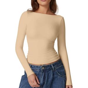QINSEN Women’s Sexy Open Back Long Sleeve Shirts High Neck Double Lined Tees Fitted Going Out Tops(Dude)