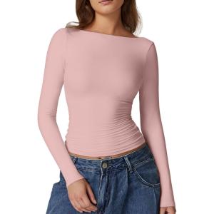 QINSEN Women’s Sexy Open Back Long Sleeve Shirts High Neck Double Lined Tees Fitted Going Out Tops(Dusty Pink)