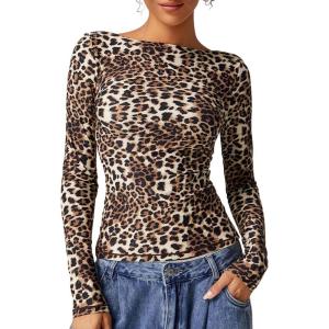 QINSEN Women’s Sexy Open Back Long Sleeve Shirts High Neck Double Lined Tees Fitted Going Out Tops(Leopard)