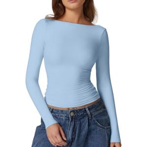 QINSEN Women’s Sexy Open Back Long Sleeve Shirts High Neck Double Lined Tees Fitted Going Out Tops(Light Blue)