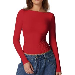 QINSEN Women’s Sexy Open Back Long Sleeve Shirts High Neck Double Lined Tees Fitted Going Out Tops(Red)