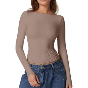 QINSEN Women’s Sexy Open Back Long Sleeve Shirts High Neck Double Lined Tees Fitted Going Out Tops(Rose Taupe)