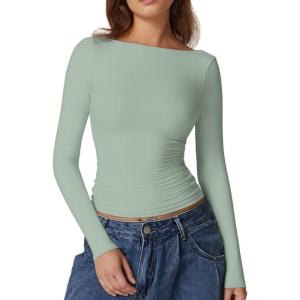 QINSEN Women’s Sexy Open Back Long Sleeve Shirts High Neck Double Lined Tees Fitted Going Out Tops(Smoke Green)