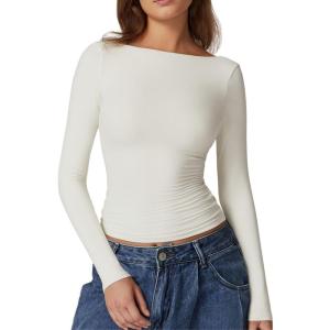 QINSEN Women’s Sexy Open Back Long Sleeve Shirts High Neck Double Lined Tees Fitted Going Out Tops(Splashed White)