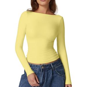 QINSEN Women’s Sexy Open Back Long Sleeve Shirts High Neck Double Lined Tees Fitted Going Out Tops(Yellow)