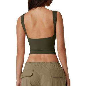 QINSEN Women’s Sexy Open Back Sleeveless Crop Tank High Neck Slim Fit Cropped Tee Shirt Y2k Tops(Army Green)
