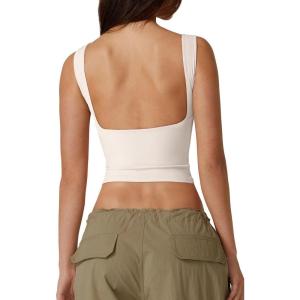 QINSEN Women’s Sexy Open Back Sleeveless Crop Tank High Neck Slim Fit Cropped Tee Shirt Y2k Tops(Beige)