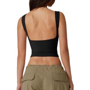 QINSEN Women’s Sexy Open Back Sleeveless Crop Tank High Neck Slim Fit Cropped Tee Shirt Y2k Tops(Black)