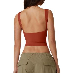 QINSEN Women’s Sexy Open Back Sleeveless Crop Tank High Neck Slim Fit Cropped Tee Shirt Y2k Tops(Brown)