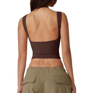 QINSEN Women’s Sexy Open Back Sleeveless Crop Tank High Neck Slim Fit Cropped Tee Shirt Y2k Tops(Coffee Bean)