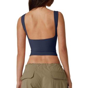 QINSEN Women’s Sexy Open Back Sleeveless Crop Tank High Neck Slim Fit Cropped Tee Shirt Y2k Tops(Dark Blue)