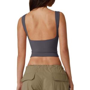 QINSEN Women’s Sexy Open Back Sleeveless Crop Tank High Neck Slim Fit Cropped Tee Shirt Y2k Tops(Dark Grey)
