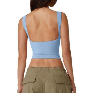 QINSEN Women’s Sexy Open Back Sleeveless Crop Tank High Neck Slim Fit Cropped Tee Shirt Y2k Tops(Light Blue)