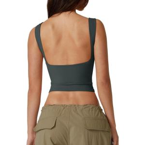 QINSEN Women’s Sexy Open Back Sleeveless Crop Tank High Neck Slim Fit Cropped Tee Shirt Y2k Tops(Light Green)