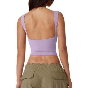 QINSEN Women’s Sexy Open Back Sleeveless Crop Tank High Neck Slim Fit Cropped Tee Shirt Y2k Tops(Light Purple)