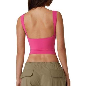 QINSEN Women’s Sexy Open Back Sleeveless Crop Tank High Neck Slim Fit Cropped Tee Shirt Y2k Tops(Rosy)