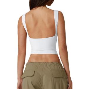 QINSEN Women’s Sexy Open Back Sleeveless Crop Tank High Neck Slim Fit Cropped Tee Shirt Y2k Tops(White)