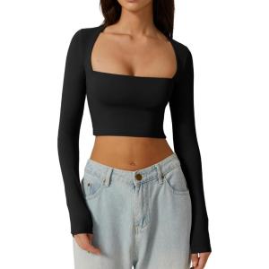 QINSEN Women’s Sexy Square Neck Crop Top Long Sleeve Slim Fit Cropped T Shirts(Black)