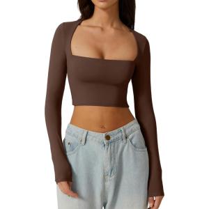 QINSEN Women’s Sexy Square Neck Crop Top Long Sleeve Slim Fit Cropped T Shirts(Coffee Bean)