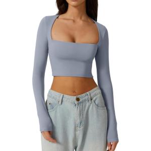 QINSEN Women’s Sexy Square Neck Crop Top Long Sleeve Slim Fit Cropped T Shirts(Country Blue)
