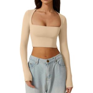 QINSEN Women’s Sexy Square Neck Crop Top Long Sleeve Slim Fit Cropped T Shirts(Marzipan)