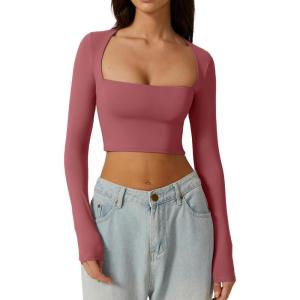 QINSEN Women’s Sexy Square Neck Crop Top Long Sleeve Slim Fit Cropped T Shirts(Merlot)