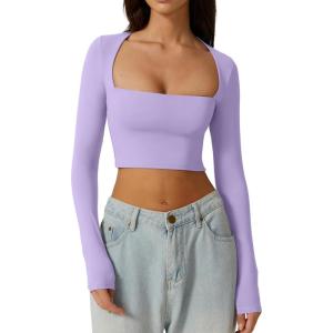 QINSEN Women’s Sexy Square Neck Crop Top Long Sleeve Slim Fit Cropped T Shirts(Purple)