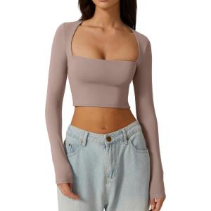QINSEN Women’s Sexy Square Neck Crop Top Long Sleeve Slim Fit Cropped T Shirts(Rose Taupe)