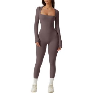 QINSEN Womens Sexy Square Neck Long Sleeve Full Length Leggings Bodycon Stretch Jumpsuit(Dark Grey)