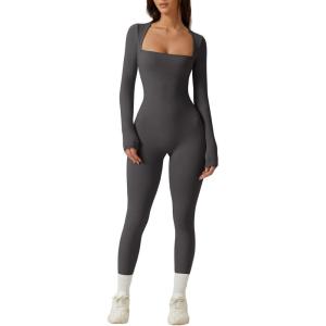QINSEN Womens Sexy Square Neck Long Sleeve Full Length Leggings Bodycon Stretch Jumpsuit(Light Black)