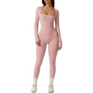QINSEN Womens Sexy Square Neck Long Sleeve Full Length Leggings Bodycon Stretch Jumpsuit(Peach)