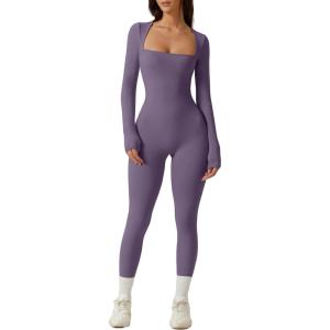 QINSEN Womens Sexy Square Neck Long Sleeve Full Length Leggings Bodycon Stretch Jumpsuit(Purple)