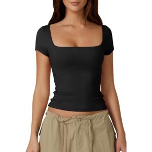 QINSEN Women’s Square Neck Short Sleeve Double-Layer Tops Basic Slim Fit Going Out T Shirt(Black)