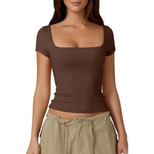 QINSEN Women’s Square Neck Short Sleeve Double-Layer Tops Basic Slim Fit Going Out T Shirt(Coffee Bean)