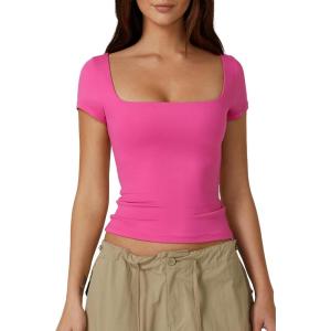 QINSEN Women’s Square Neck Short Sleeve Double-Layer Tops Basic Slim Fit Going Out T Shirt(Magenta)