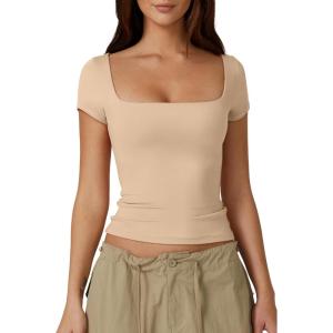 QINSEN Women’s Square Neck Short Sleeve Double-Layer Tops Basic Slim Fit Going Out T Shirt(Marzipan)