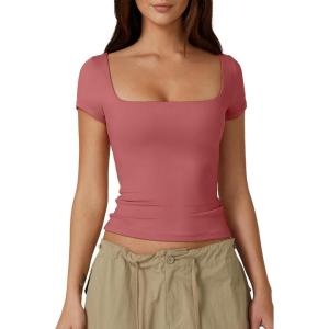 QINSEN Women’s Square Neck Short Sleeve Double-Layer Tops Basic Slim Fit Going Out T Shirt(Merlot)