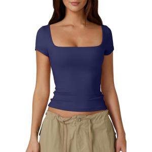 QINSEN Women’s Square Neck Short Sleeve Double-Layer Tops Basic Slim Fit Going Out T Shirt(Navy)
