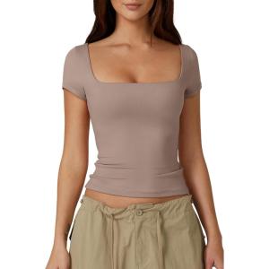 QINSEN Women’s Square Neck Short Sleeve Double-Layer Tops Basic Slim Fit Going Out T Shirt(Rose Taupe)