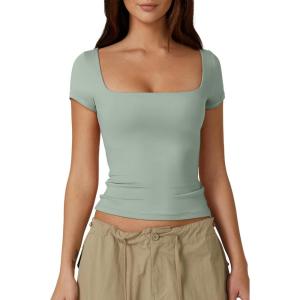 QINSEN Women’s Square Neck Short Sleeve Double-Layer Tops Basic Slim Fit Going Out T Shirt(Smoke Green)