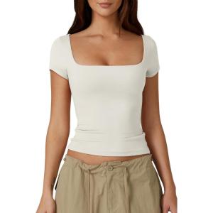 QINSEN Women’s Square Neck Short Sleeve Double-Layer Tops Basic Slim Fit Going Out T Shirt(Splashed White)